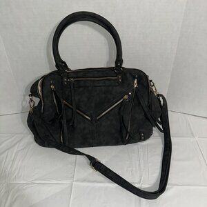 Womens Charcoal Grey Faux Suede Handbag With Gold Tone Zipper Accents